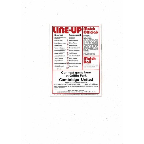 1975/76 Brentford v Bournemouth Football Programme