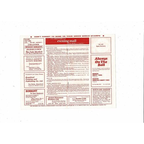 1971/72 Brentford v Hartlepool Football Programme