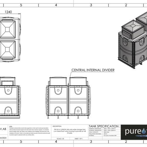 PW.2X1X1.5.IFB.DIV.AB(1+1) - 3000 LITRE DIVIDED SECTIONAL WATER TANK, INTERNALLY FLANGED BASE (IFB) C/W FVH