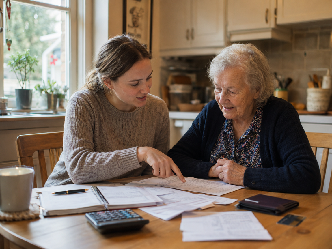 Support worker sitting beside an older woman at a kitchen table, smiling and helping her go through bills and paperwork.