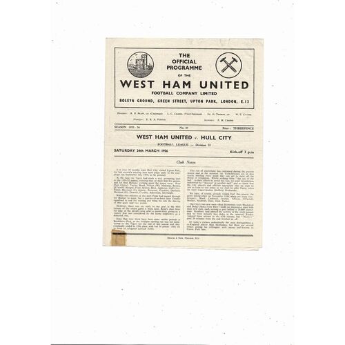 1955/56 West Ham United v Hull City Football Programme