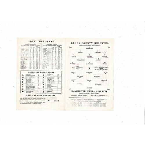 Derby County v Manchester United Central League Football Programme 1969/70