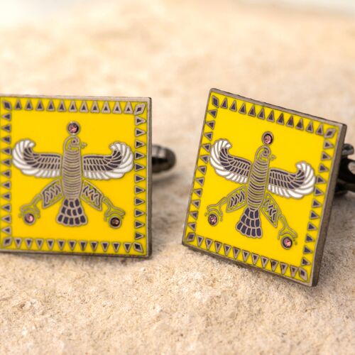 Cufflinks. The Persian Falcon. Deep Yellow with 3 White Stones.