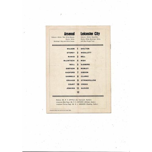 1968/69 Arsenal v Leicester City Football Programme