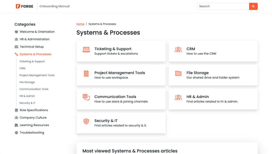 Screenshot showing webfactory Knowledge Base onboarding manual showing clear sub-categories.