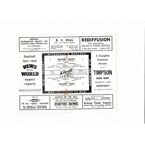 1958/59 Newport County v Swindon Town Football Programme