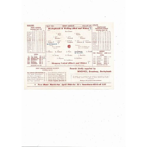 1957/58 Bexleyheath & Welling v Sheppey Kent League Football Programme