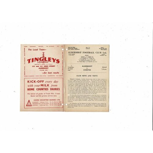 1961/62 Aldershot v Chester Football Programme