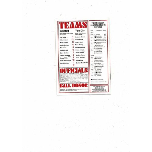 1977/78 Brentford v York City Football Programme