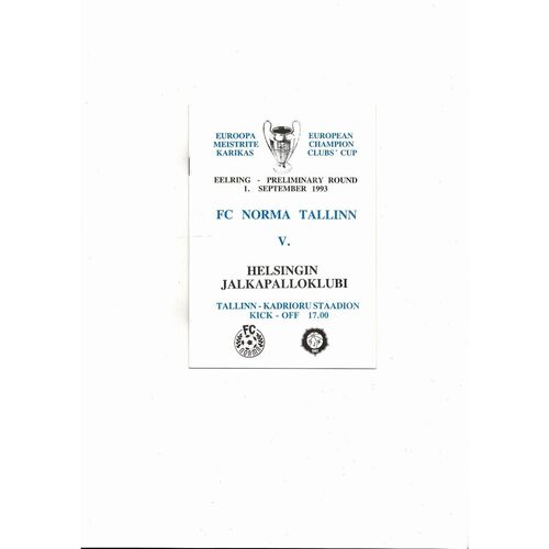 Norma Tallinn v HJK Helsinki UEFA Champions League Football Programme 1993/94