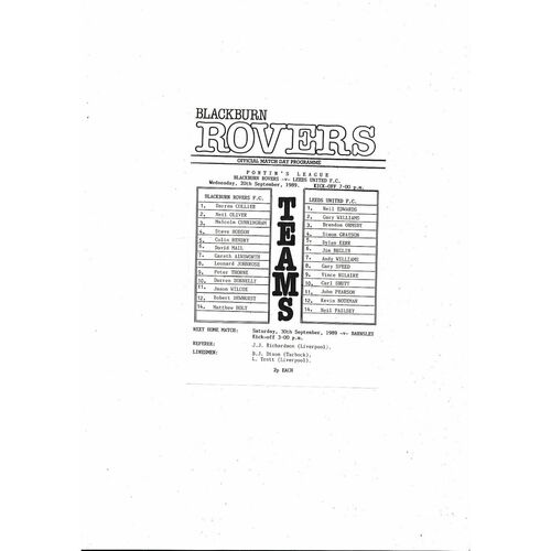 Blackburn Rovers v Leeds United Central League Football Programme 1989/90