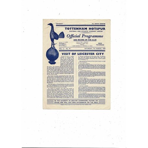 1958/59 Tottenham Hotspur v Leicester City Football Programme