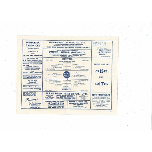 1960/61 Brentford v Burnley League Cup Football Programme