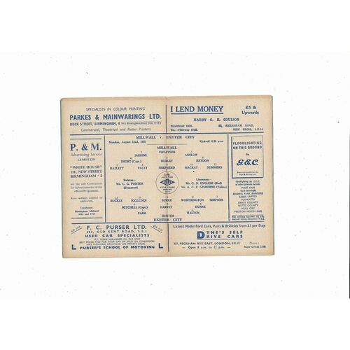 1955/56 Millwall v Exeter City Football Programme