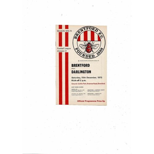 1973/74 Brentford v Darlington Football Programme