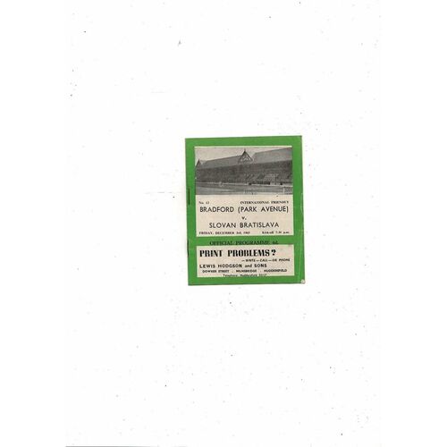 Bradford Park Avenue v Slovan Bratislava Friendly Football Programme 1965/66