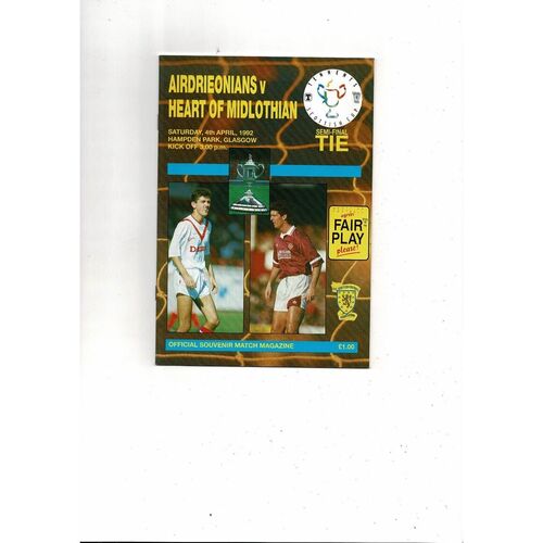 1992 Airdrie v Hearts Scottish Cup Semi Final Football Programme