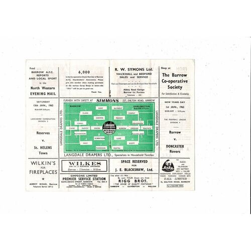 1961/62 Barrow v Darlington Football Programme Dec