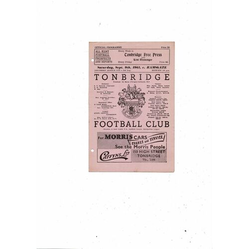 1961/62 Tonbridge v Ramsgate Southern League Cup Football Programme