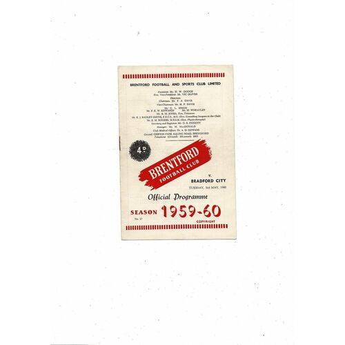 1959/60 Brentford v Bradford City Football Programme Autographed