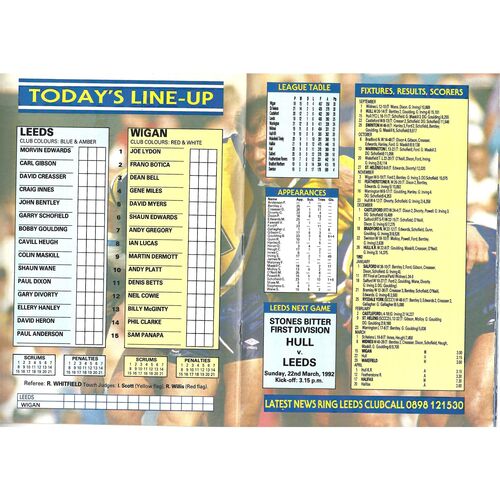 1991/92 Leeds v Wigan (15/03/1992) Rugby League Programme