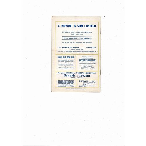 1959/60 Torquay United v Walsall Football Programme