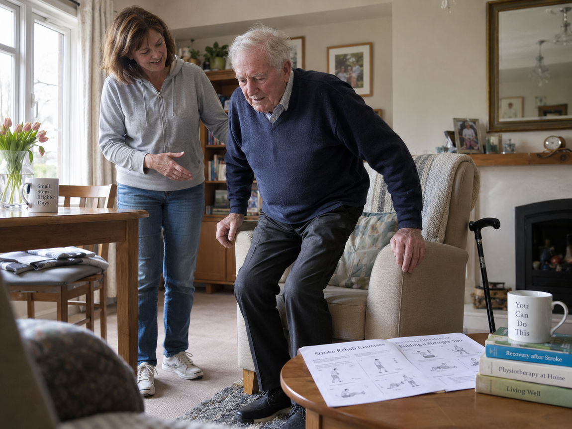 Older man practising standing exercises at home after a stroke with encouragement from his daughter.