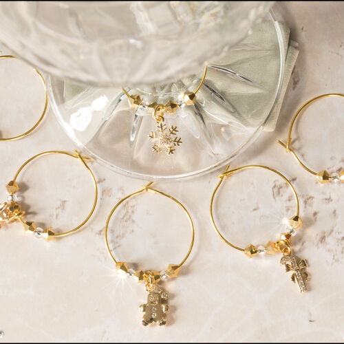Set of 6 18ct Gold-Plated Christmas Wine Glass Charms – Cubic Zirconia & Crystal Accents
