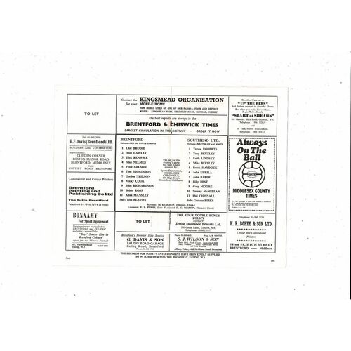 1969/70 Brentford v Southend United League Cup Replay Football Programme