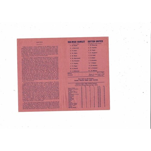 1966/67 Dulwich Hamlet v Sutton United Isthmian League Football Programme