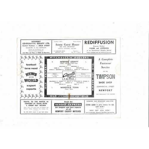 1959/60 Newport County v Mansfield Town Football Programme