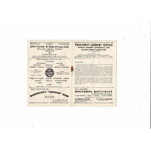 1953/54 Preston v Aston Villa Football Programme