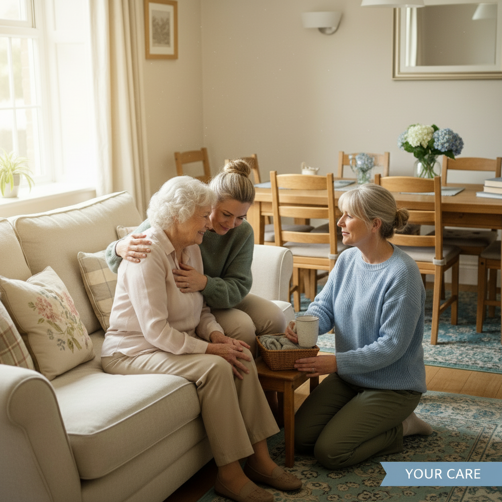 Elderly mum Evelyn on a sofa with a casually dressed carer tidying laundry in the foreground, while adult daughter Dawn sits on the far side of a wooden dining table in the background, facing them and watching with a gently tired but hopeful expression – realistic Help at Home support scene in a cosy UK home.