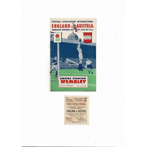 1951 England v Austria Football Programme + Match Ticket
