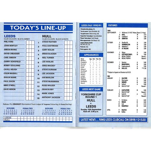 1991/92 Leeds v Hull (08/09/1991) Rugby League Programme