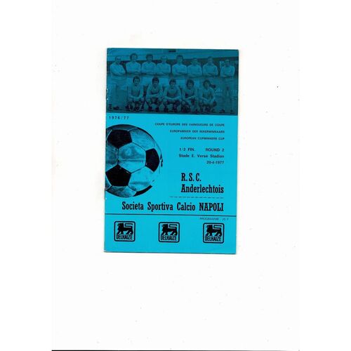 1976/77 Anderlecht v Napoli European Cup Winners Cup Semi Final Football Programme