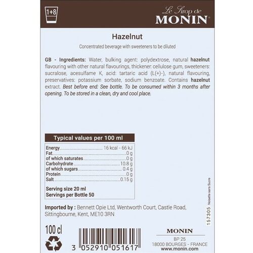 Hazelnut No Added Sugar Syrup by Monin - 1 Litre