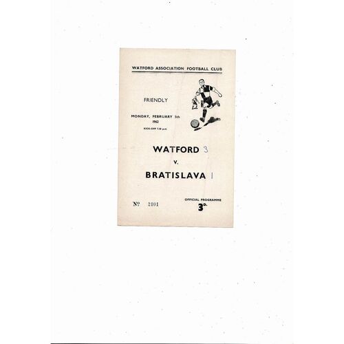 Watford v Bratislava Friendly Football Programme 1961/62