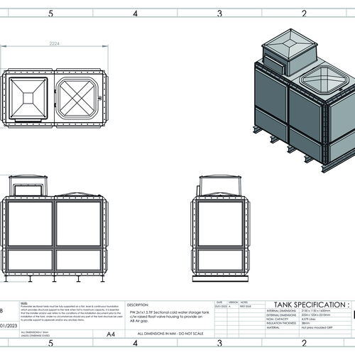 PW.2X1.5X1.TIF.AB - 4079 LITRE SECTIONAL WATER TANK, TOTALLY INTERNALLY FLANGED (TIF) C/W FVH