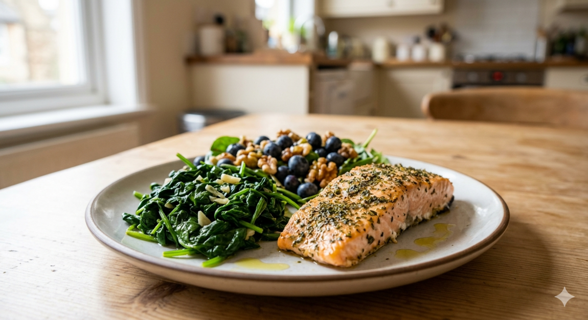 A healthy MIND Diet meal featuring baked salmon, sautéed spinach, and a fresh salad with blueberries and walnuts, served on a ceramic plate on a wooden table.