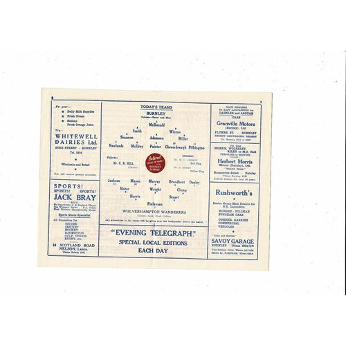 1957/58 Burnley v Wolves Football Programme