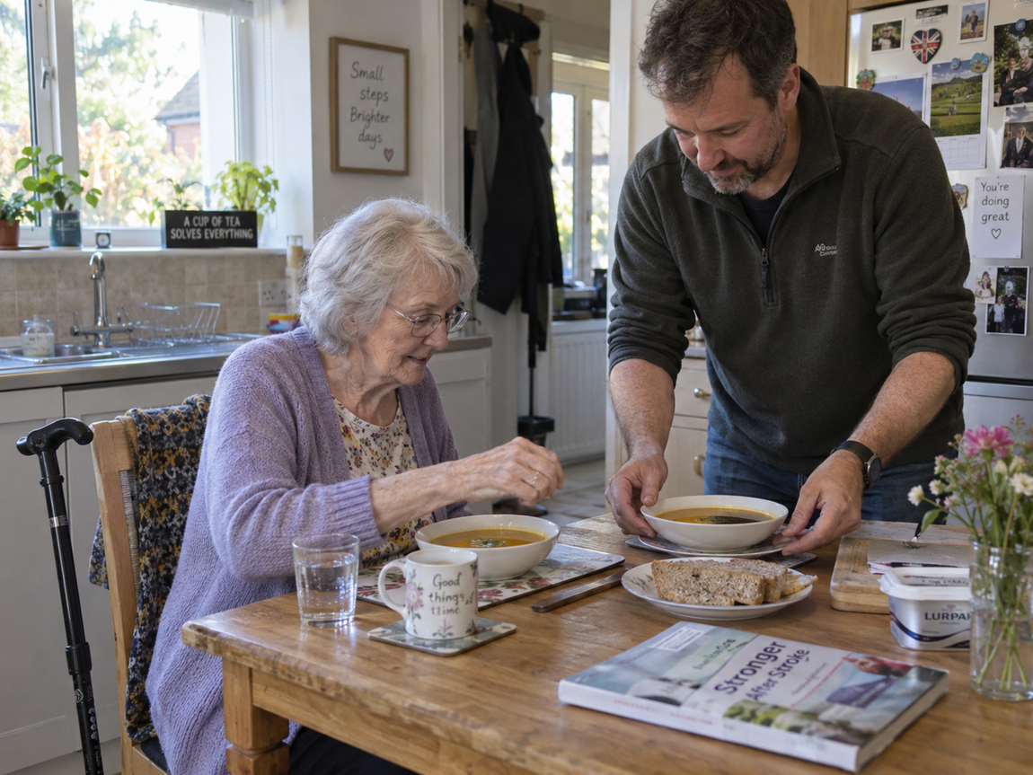 Older woman having lunch at home after a stroke while her son helps prepare the meal.