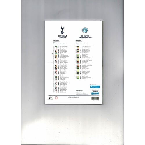 Tottenham Hotspur v FC Dnipro Dnipropetrovsk Europa League Football Programme 2013/14