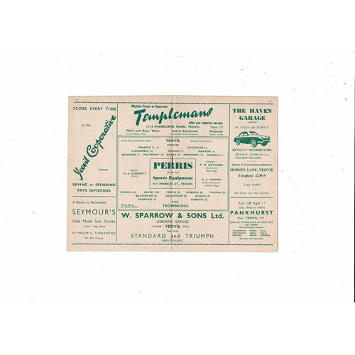 1959/60 Yeovil Town v Trowbridge Western League Football Programme