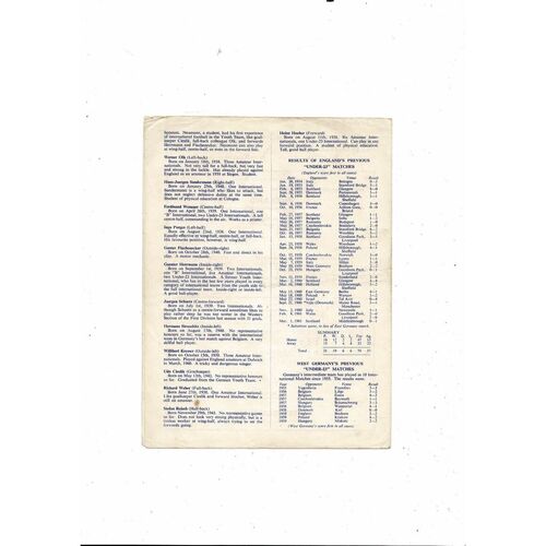 1961 England v West Germany U23 International Football Programme @ Spurs