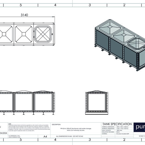 PW.3X1X1.IFB.AG - 3000 LITRE SECTIONAL WATER TANK, INTERNALLY FLANGED BASE (IFB)
