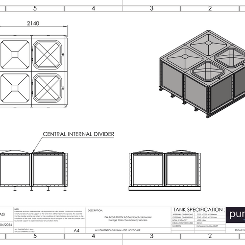 PW.2X2X1.IFB.DIV.AG(1+1) - 4000 LITRE DIVIDED SECTIONAL WATER TANK, INTERNALLY FLANGED BASE (IFB)