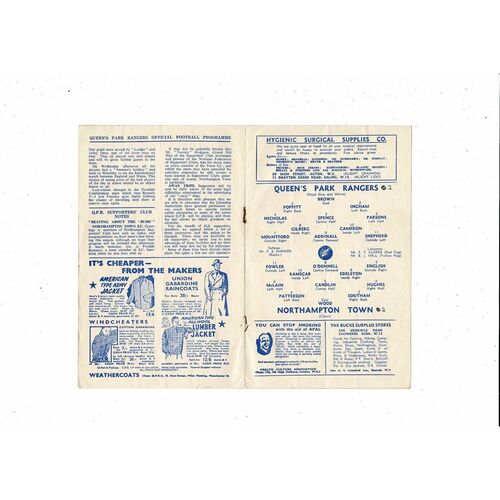 1952/53 Queens Park Rangers v Northampton Town Football Programme