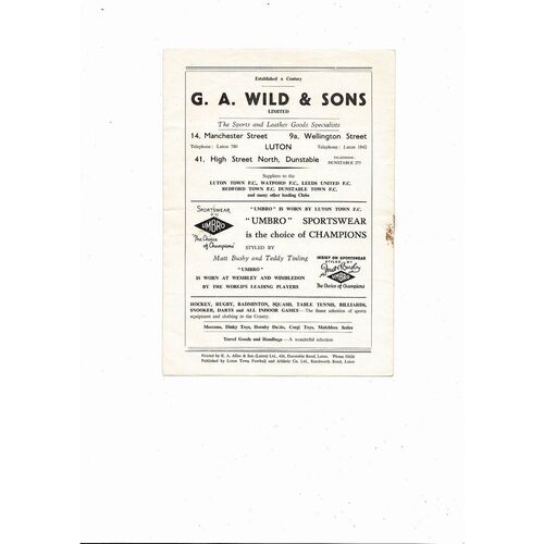 1959/60 Luton Town v Leeds United Football Programme