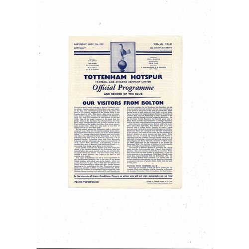 1959/60 Tottenham Hotspur v Bolton Wanderers Football Programme